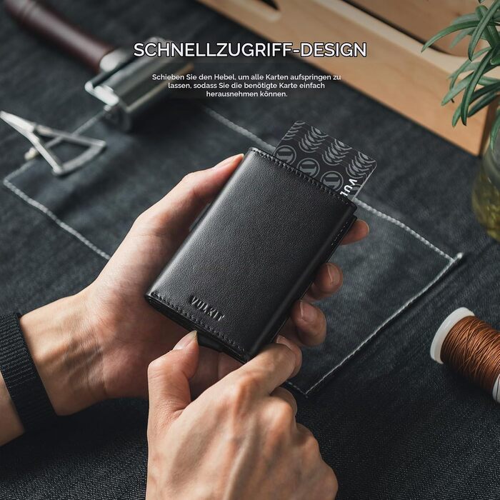 Шкіряний чоловічий картхолдер VULKIT з Pop-up механізмом, RFID-захистом, відділенням для купюр та вікном для ID (натуральна шкіра, чорний)