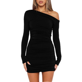 Жіноче облягаюче плаття Elfin з трикотажної тканини, довгі рукави, міні, на одне плече, з драпіруванням, чорне. Ідеально для вечірок, клубів та повсякденного носіння.