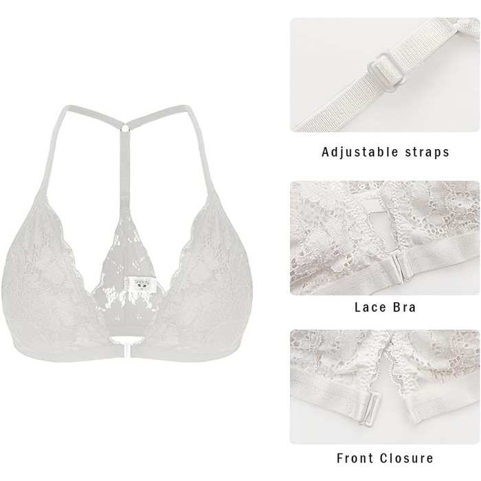 Шекіні: Безкаркашний бюстгальтер без бретелів з застібкою спереду, мереживний бра, трикутник, бюстгальтер з підкладкою, сексуальний топ-кроп, білий, XS