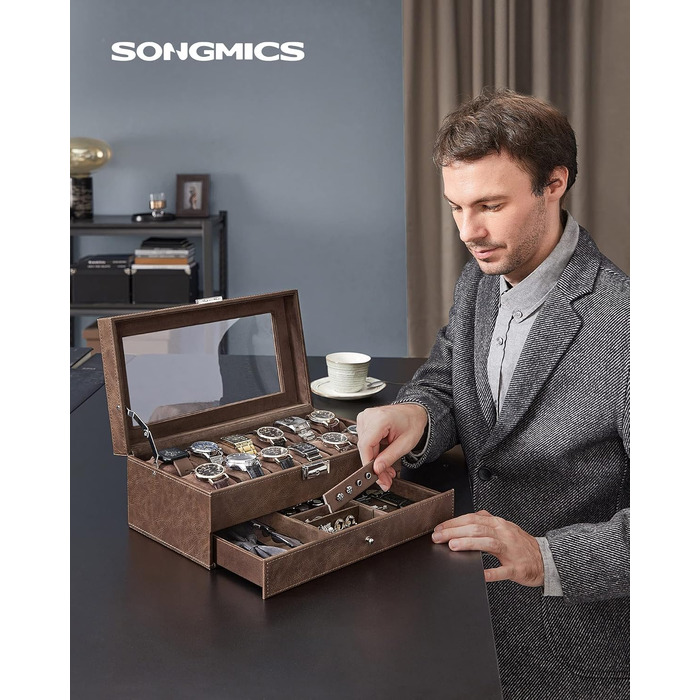 Бокс для годинників SONGMICS на 12 шт, органайзер з двома рівнями, скляною кришкою та замком, шухлядою для прикрас, коричневий PU-шкіра JWB012K01