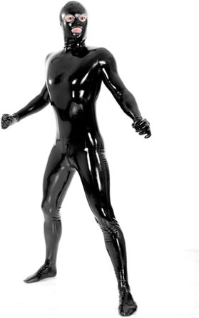 Комбінезон чоловічий блискучий PVC шкіра, костюм кота, повний боді з блискавкою, catsuit з рукавичками, чорний, XL