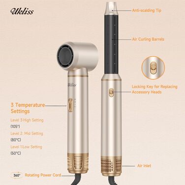 Мультистайлер для волосся 6 в 1 UKLISS Air Styler Set: фен-щітка, вирівнювач, локони та дифузор, 1000 Вт, LCD-дисплей, сріблясто-золотий