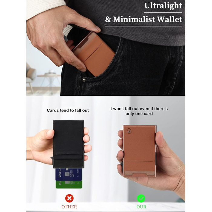 Мінімалістичний RFID гаманець-картхолдер TOYFID з функцією Pop-up, тонкий портмоне для кредитних карток та монет, коричневий
