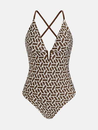 Купальник CUPSHE з V-подібним вирізом, глибоким вирізом на спині, фігурно виткий, одноцільний, колір: коричневий, принт: геометрія