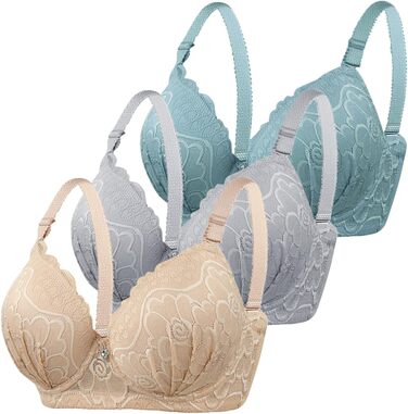 3 шт. бюстгальтер XCXC для жінок з пуш-ап, кісточками, мереживом, регульованими бретелями, підтримка великих грудей, класичний комплект бюстгальтерів для жінок, зручна білизна, кольори: бежевий, сірий, світло-блакитний, розмір 95C