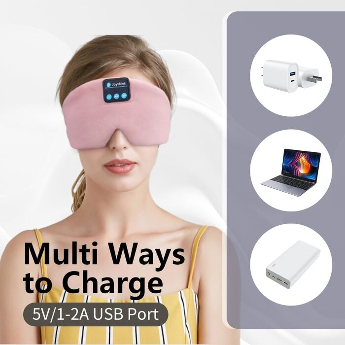 Шовкова маска для сну з Bluetooth-навушниками 5.3 Joythink, музична маска для сну для тих, хто спить на боці, 16 годин автономної роботи, миюча маска для подорожей, медитації та відпочинку, Рожева