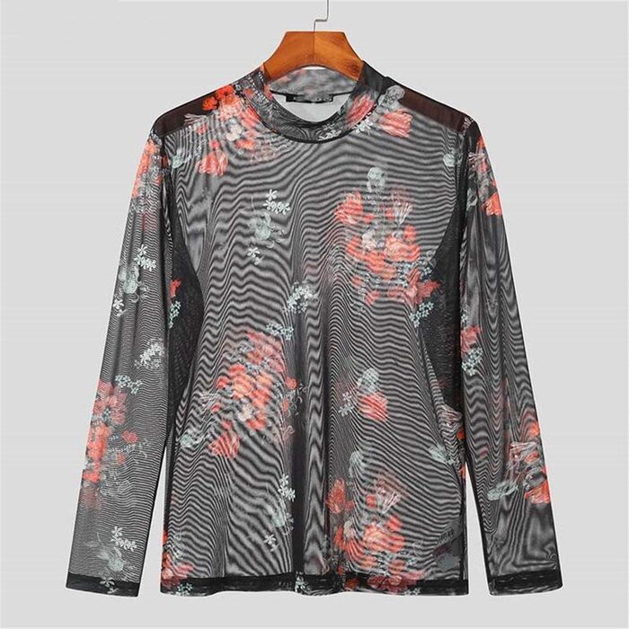 Чоловіча футболка Deepsko з принтом, з довгим рукавом, сітчаста, прозора, для вечірок, повсякденна сорочка