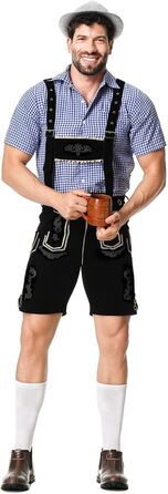 Традиційний костюм для чоловіків RUAOZIA: повний комплект Lederhose, сорочка в керамічну клітинку, для Октоберфесту та тематичних вечірок (чорний, L)
