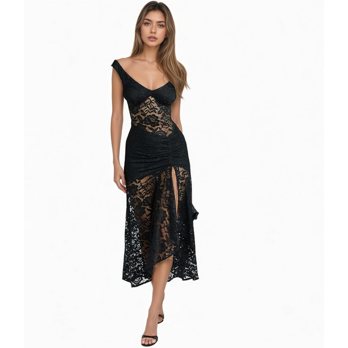 Сукня-макси прозора OCUH Pitzenkleid, чорна (L) - Ефектна вечірня сукня з високим розрізом