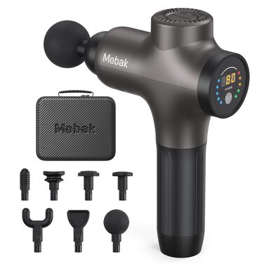 Перкусійний масажер Mebak 3 Massage Gun: електричний ручний масажер для м'язів та фасцій, 3200 об/хв, амплітуда 12 мм, 7 насадок, 5 рівнів інтенсивності, акумулятор 2600mAh (Сірий)