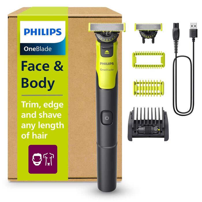 Електричний тример та бритва Philips OneBlade 360 Face & Body (QP4631/30) для обличчя та тіла, з підтримкою додатка, 2 леза 360 та насадками для стрижки