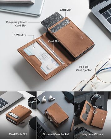 Чоловічий шкіряний картхолдер VULKIT з монетницею, вікном для ID та RFID/NFC захищеним алюмінієвим кейсом для 10 карток, Коричневий