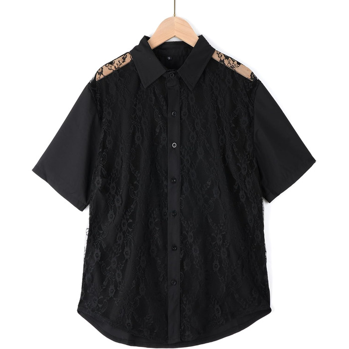 Чоловіча прозора сорочка-майка, мереживна футболка з короткими рукавами для вечірок та клубу (чорна, розмір M)