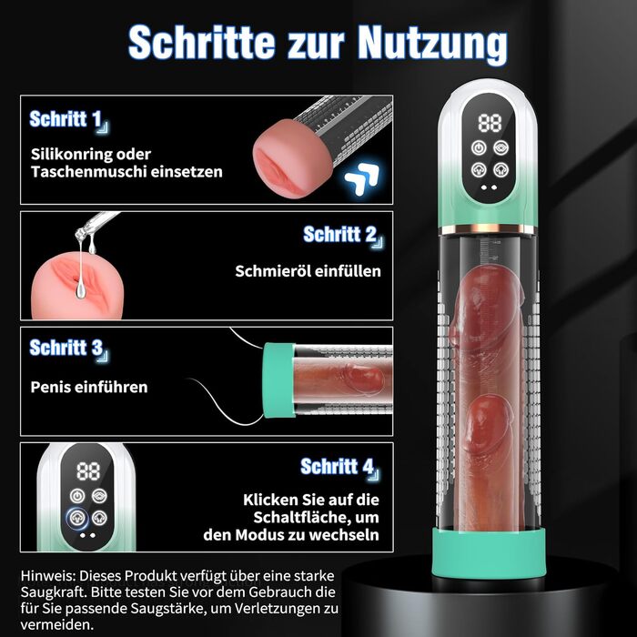 Пумпа для збільшення пеніса HIVEFUN: 4 режими всмоктування, 3 автоматичні тренувальні, водонепроникна (IPX7), сірий/зелений