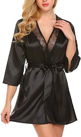 Халат жіночий літній довгий, кімоно, сатин з мереживом, чорний. Халат для дому, легкий, напіврукав, як халат-рушник