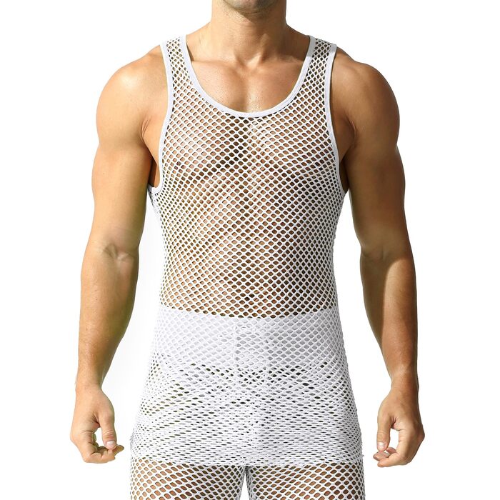 Чоловіча сітчаста футболка QiaTi з довгим рукавом, прозора, мереживна, біла