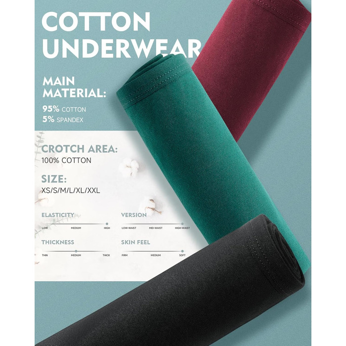 Танстік (TANSTC) труси жіночі 5 шт. бавовна, висока талія, дихаючі, м'які, XXL, червоний+синій+зелений+сірий+чорний