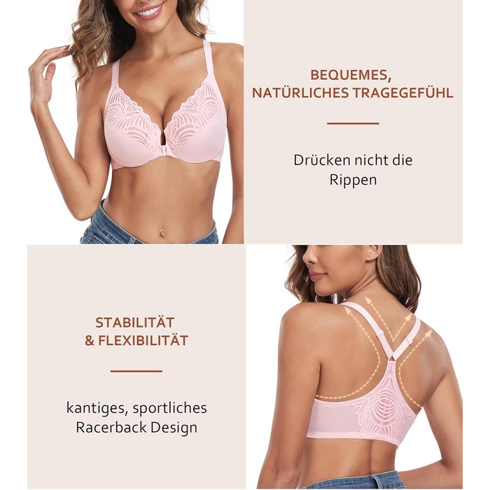 Бюстгальтер жіночий з кісточками, застібка спереду, великі розміри, без підкладки, м'яка чашка, спортивний дизайн, квітковий принт, мереживо, повна чашка, для великої груди, надійна підтримка, класичний BHS (90C, Рожевий)