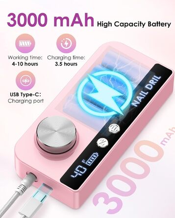 Електричний апарат для манікюру та педикюру Heypappy з LCD-дисплеєм, 40 000 об/хв, набір з 15 насадок, акумуляторний нігтевий фрезер для салонів та дому, Рожевий