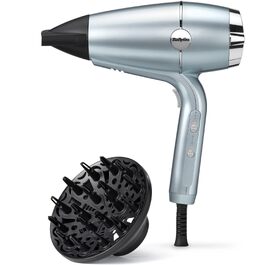 Професійний іонний фен BaByliss Hydro-Fusion 2100W з дифузором та концентратором, плазма-технологія для блиску та гладкості волосся, 3 режими температури, 2 швидкості, синій, D773DE