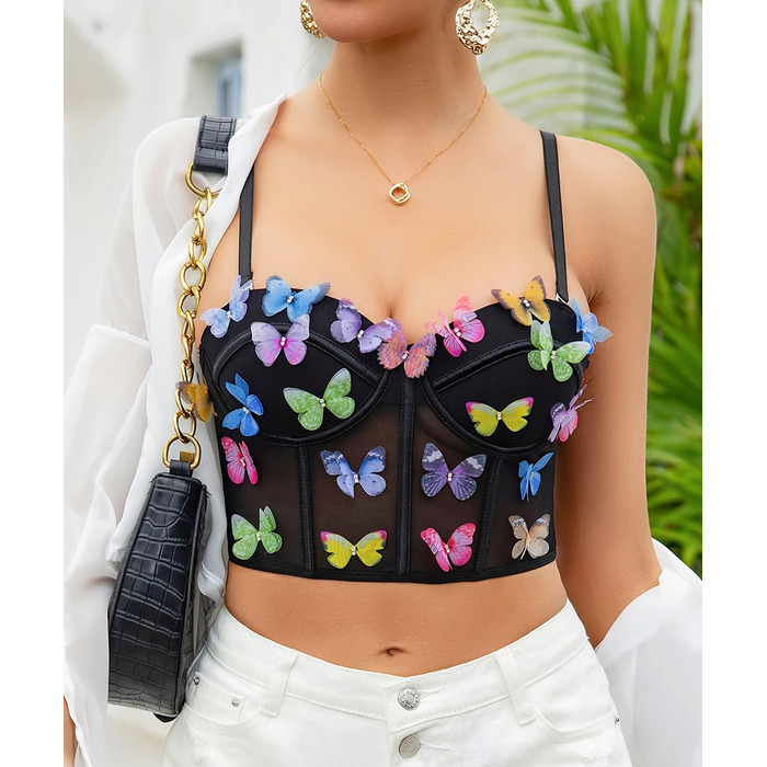 Жіночий топ з квітковою вишивкою Tetudineu - чорний, бралетта на тонких бретелях, баталлет