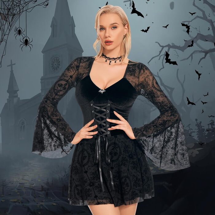 Сукня готична для жінок Herenear, мереживна чорна сукня - з масками та намистом, костюм на Хелловін/Карнавал, ретро середньовічна сукня вампіра, костюм для косплею, коротка чорна сукня XL