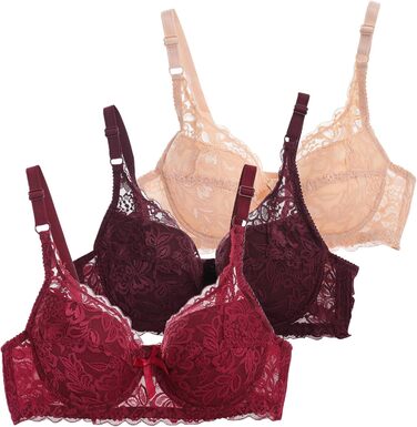 3 шт. комплект бюстгальтерів Fraun з кісточками для жінок з мереживом, регульований пуш-ап, сексуальний бюстгальтер для дівчат, дихаючий, м'який, зручний, Y2K, білизна, бюстгальтер для щоденного використання, #01 (червоний+винний+бежевий), 90C