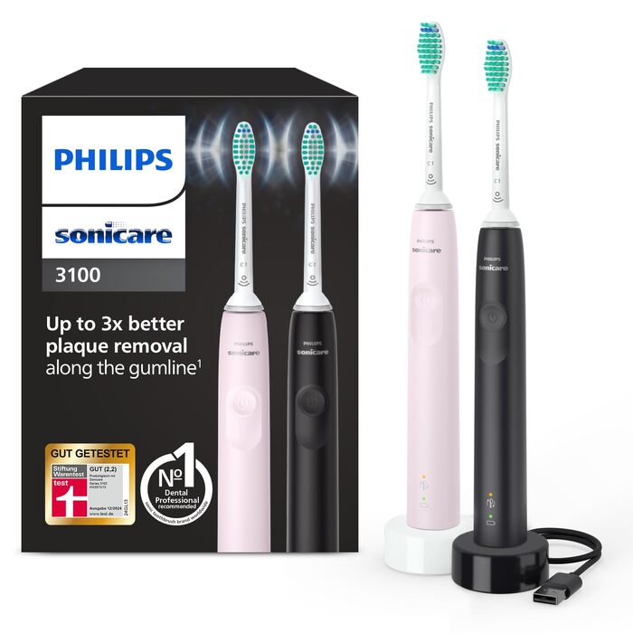 Електрична звукова зубна щітка Philips Sonicare 3100 (HX3675/15), з контролем натискання та таймером, набір 2 шт. (Sugar Rose та Чорна)