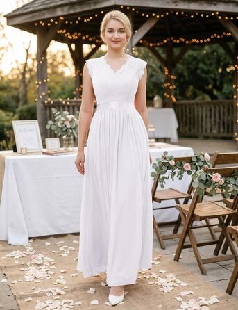 Елегантна вечірня сукня Dressystar довга мереживна шифон для весілля та балу з рукавами-крильцями, біла, розмір S