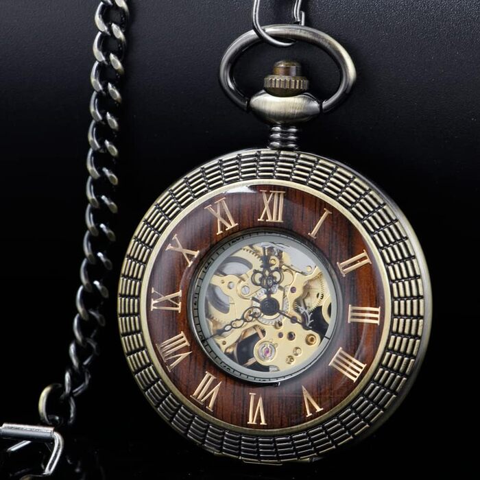 Скелетон кишеньковий механічний годинник Tiong Vintage Steampunk з ланцюжком, римські цифри, бронзовий колір (у подарунковій коробці)