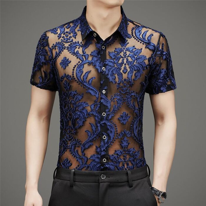 Чоловіча сорочка Yeuyyben чорна прозора з квітковим мереживом, сітка, короткі рукави, розмір XL