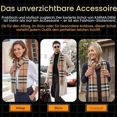 Унісекс шарф у клітинку KARMA.DIEM London Style, м'який зимовий шарф для жінок та чоловіків, пісочно-бежевий, 35x170 см