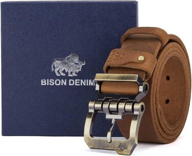 Шкіряний ремінь чоловічий BISON DENIM коричневий, 38 мм, ретро-стиль для джинсів та бізнес-одягу, з металевою пряжкою та подарунковою коробкою (105 см, W71792)