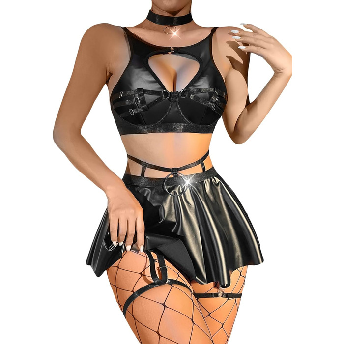 Комплект сексуальної білизни: колготки, чокер, галстуг, корсет з кісточками, спідниця. Шкіра, чорний колір.