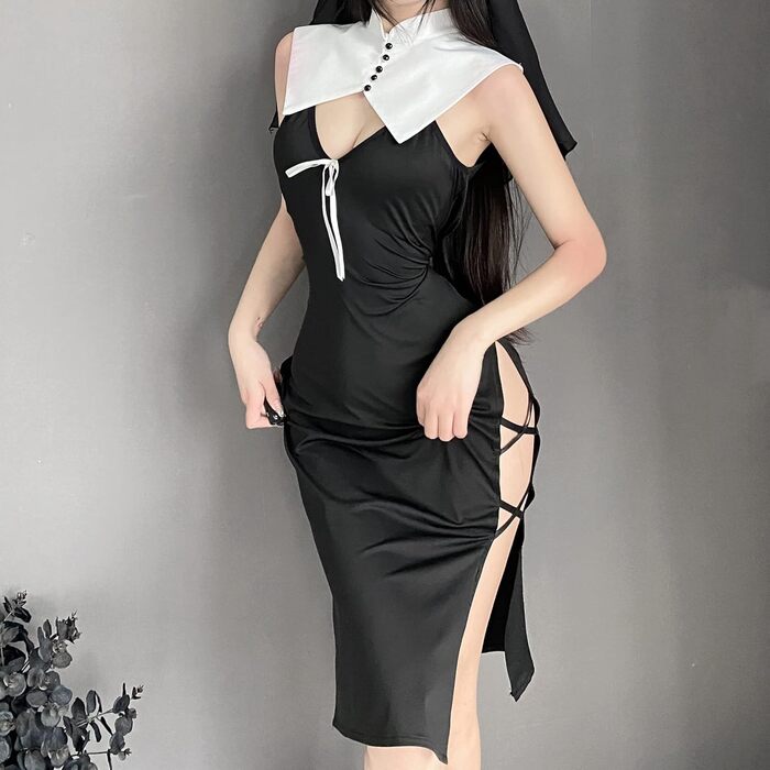 Костюм для косплею JasmyGirls: Костюм черниці, дівочий набір, чорне довге плаття з розрізом, для Хелловіну, ролеві ігри, розмір XS-M