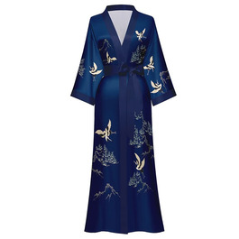 Жіночий халат-кімоно з довгим атласним рукавом, принт квітів, однорозмірний, темно-синій - Kranich und Kiefer