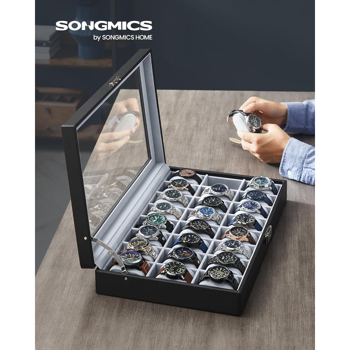 Бокс для годинників SONGMICS на 24 позиції з замком та скляною кришкою, органайзер для колекції годинників, чорний PU-шкіра, сірий оксамит, JWB024
