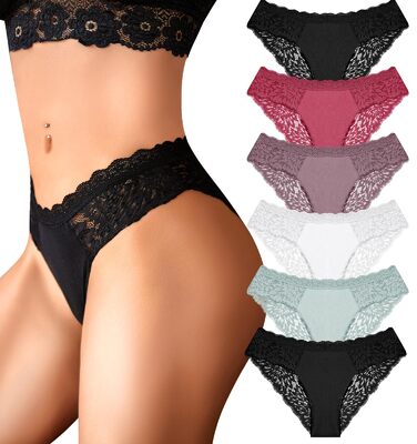 Сексуальні жіночі труси-сліпи з бавовни та мереживом, 5 шт. (Чорний*2, Каштаново-коричневий, Хакі, Білий, Сіро-блакитний), розмір S