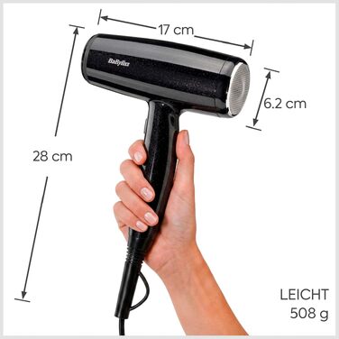 Фен для волосся BaByliss Cosmos D580DE з дифузором, 2100 Вт, іонізація, 3 температурні та 2 швидкості обдуву, сріблястий (Black Sparkle)