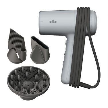 Фен для волосся Braun Haartrockner HD4.2 (BRHD235E) з дифузором та вузьким соплом, технологія Super IONTEC, 2100 Вт, 3 режими температури та швидкості, чорно-сірий