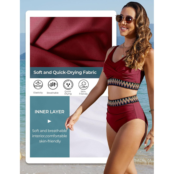 Бікіні жіночий комплект з високою талією, суцільний купальник двочастинний, сексуальний V-подібний виріз, push-up, кольоровий смугастий, великі розміри, пляжний, басейн, бордовий