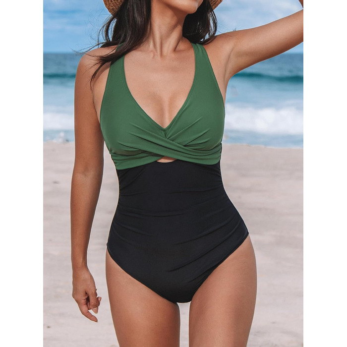 Купальник CUPSHE жіночий з плетінням, V-подібний виріз, декоративні вирізи, корегуючий, суцільний, чорний/леопард (M, темно-зелений/чорний)