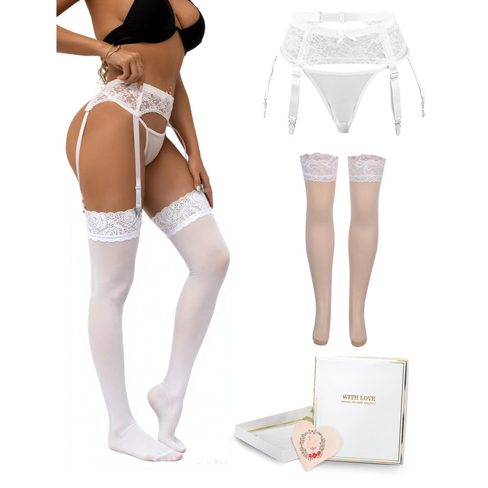 Спідниця-гольф для жінок з мереживом, широка, з 4 кліпсами, сексуальна, великі розміри, прозора білизна, жіночий набір, регульована спідниця-гольф з танго, гальтерний пояс, підтяжки (XL-XXL, 2 шт. - білий гальтер + шкарпетки)