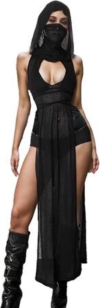 Жіноче прозоре готичне плаття Aucute з капюшоном та без рукавів, чорне, для Хелловіну, фестивалів EDM/Rave