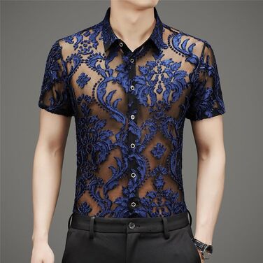 Чоловіча сорочка Yeuyyben чорна прозора з квітковим мереживом, сітка, короткі рукави, розмір XL