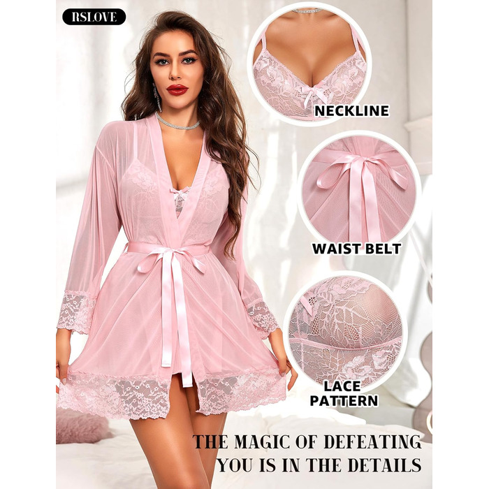 Комплект ніжної піжами RLOVE для дому та сну: кімоно, бюстгальтер та нічна сорочка (3 частини), чорний (XXL, Рожевий)