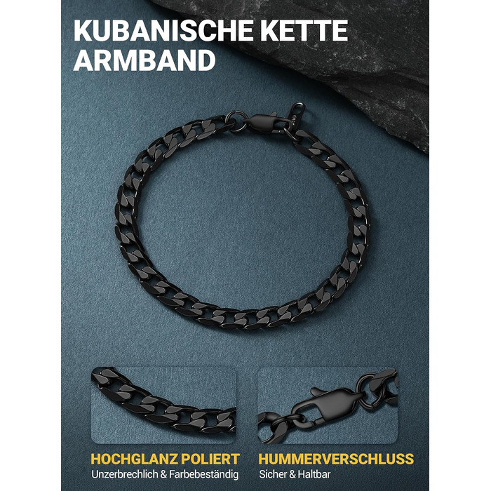 Сталевий браслет-ланцюг PROSTEEL для чоловіків та жінок, панцирний плетений браслет із нержавіючої сталі, чорний, 23 см, ширина 6 мм