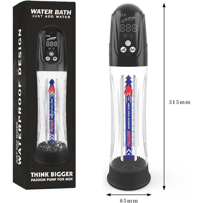 Електрична вакуумна помпа для збільшення статевого члена з акумулятором, LCD дисплеєм та USB-зарядкою - 20см Ø7см - для чоловіків, підтримка ерекції, тренування потенції