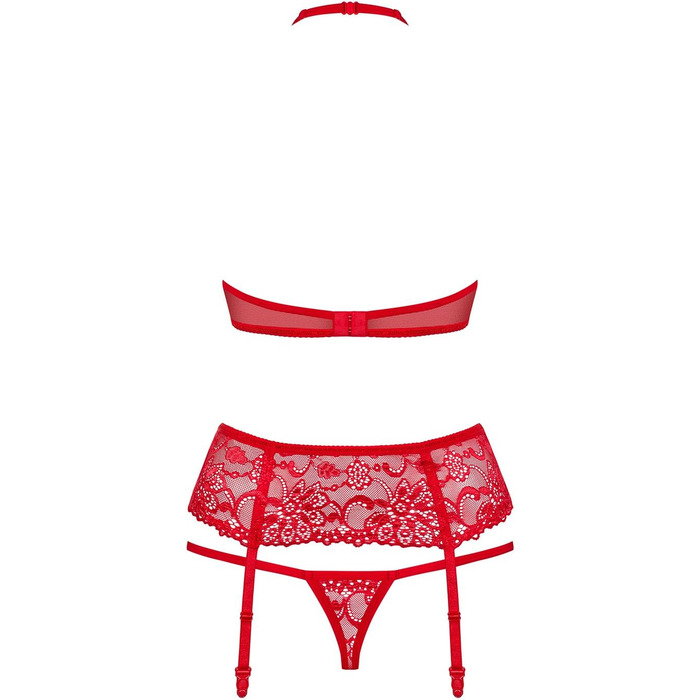 Сексуальний комплект стрінгів та стрічок для бюстгальтера з глибоким вирізом Obsessive, червоний, мереживний, прозорий, S-M