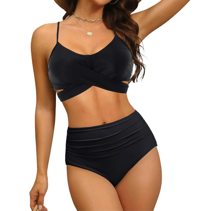 Бікіні JFAN з рюшами, пов'язка, пуш-ап, висока талія, зав'язки на спині, 2 шт. (Чорний, S)